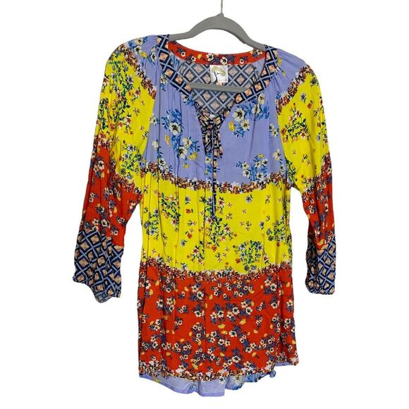 Fig & Flower Bouse Womens Small Tunic Floral Mixed Print Color Block Lightweight - Picture 1 of 16